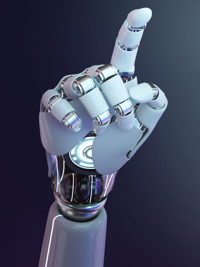 Cyborg hand finger pointing, technology of artificial intelligen