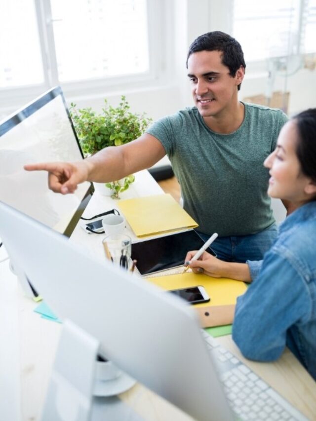 male and female interacting over computer