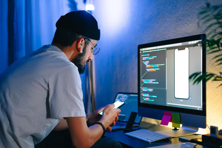 Young-mobile-app-developer-in-Brisbane-writing-code-and-testing-app-on-smartphone